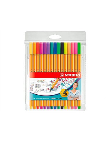Stylo feutre stabilo point 88 point fine 0,4mm pochette de 30 coloris assortis dont 5 fluo.