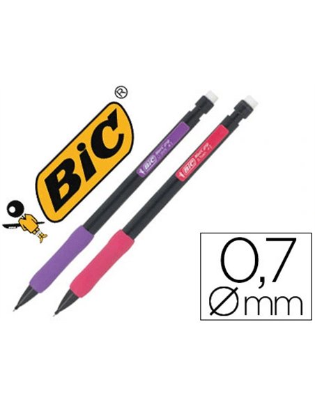 Porte-mine bic matic grip 0.7mm embout gomme corps plastique noir agrafe colorée grip caoutchouc 3 mines hb.