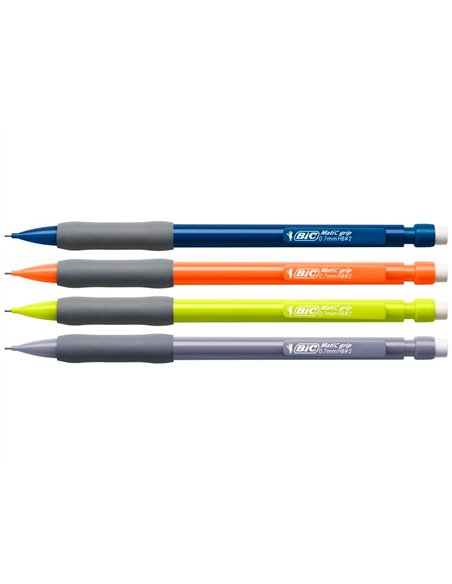 Porte-mine bic matic grip 0.7mm embout gomme corps plastique noir agrafe colorée grip caoutchouc 3 mines hb.