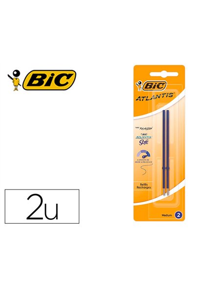 Stylo-bille bic atlantis soft pointe moyenne 1,0mm blister de 2 recharges bleu.