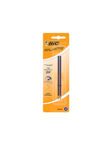 Stylo-bille bic atlantis soft pointe moyenne 1,0mm blister de 2 recharges bleu.