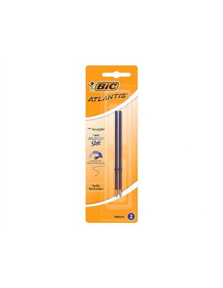 Stylo-bille bic atlantis soft pointe moyenne 1,0mm blister de 2 recharges bleu.