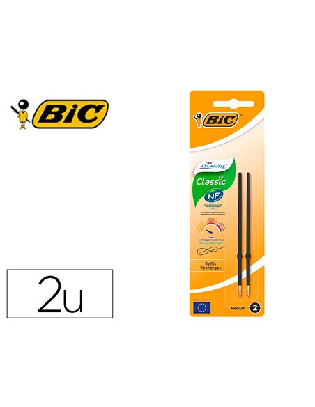 Stylo-bille bic atlantis soft pointe moyenne 1,0mm blister de 2 recharges noir.