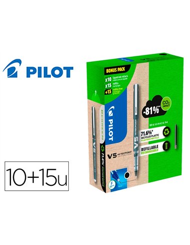 Pack pilot v5 10 rollers encre liquide rechargeables pointe moyenne 10 sets de 3 recharges 5 offertes coloris.