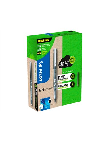 Pack pilot v5 10 rollers encre liquide rechargeables pointe moyenne 10 sets de 3 recharges 5 offertes coloris.