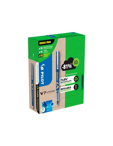 Pack pilot v7 10 rollers encre liquide rechargeables pointe moyenne 10 sets de 3 recharges 5 offertes coloris.