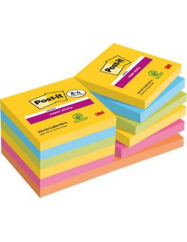 Pack promo bloc notes post it super sticky collection       carnival 76 x 76mm 8 blocs +  4 offerts 90 feuilles