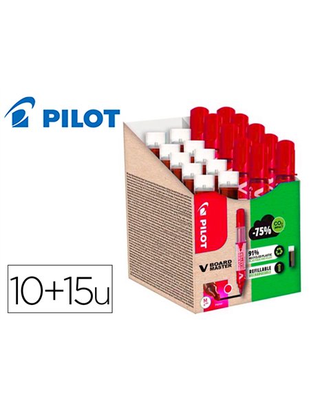 Pack pilot v-board master 10 marqueurs effacables a sec pointe conique moyenne 10 recharges 5 offertes coloris rouge.