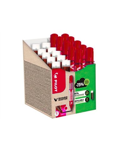 Pack pilot v-board master 10 marqueurs effacables a sec pointe conique moyenne 10 recharges 5 offertes coloris rouge.