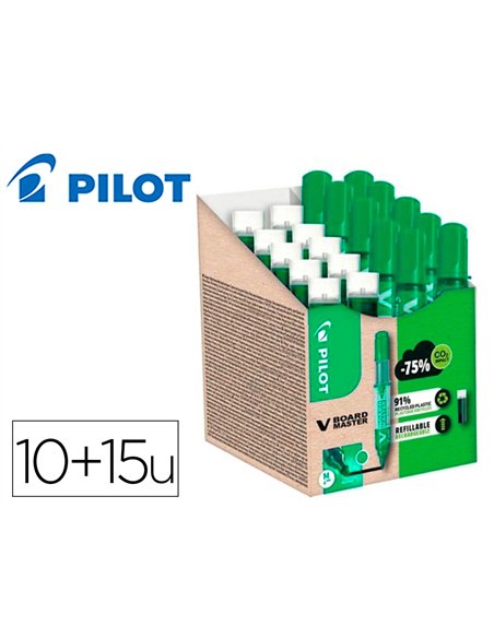 Pack pilot v-board master 10 marqueurs effacables a sec pointe conique moyenne 10 recharges 5 offertes coloris vert.