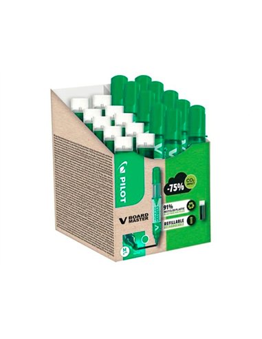 Pack pilot v-board master 10 marqueurs effacables a sec pointe conique moyenne 10 recharges 5 offertes coloris vert.