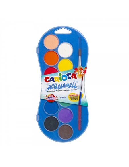Carioca Acuarell Lot de 12 aquarelles en godets de 30 mm - Couleurs vives - Facilement miscibles - Assortiment de couleurs
