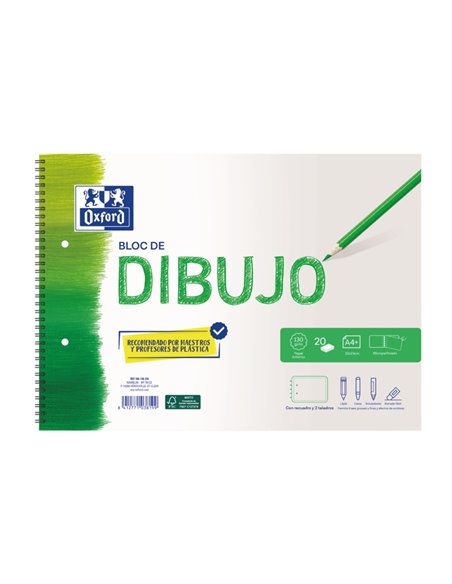 Cahier à spirale Oxford School Drawing A4+ - Couverture souple/dos rigide - 20 feuilles 130 g/m² - Avec cadre et 2 trous