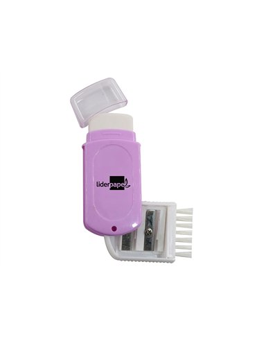 Taille-crayon liderpapel plastique 2 usages avec gomme sans pvc et brosse coloris assortis.