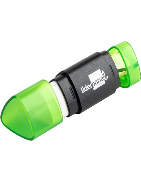Taille-crayon liderpapel plastique forme triangulaire réservoir à copeaux gomme écologique sans pvc coloris assortis.