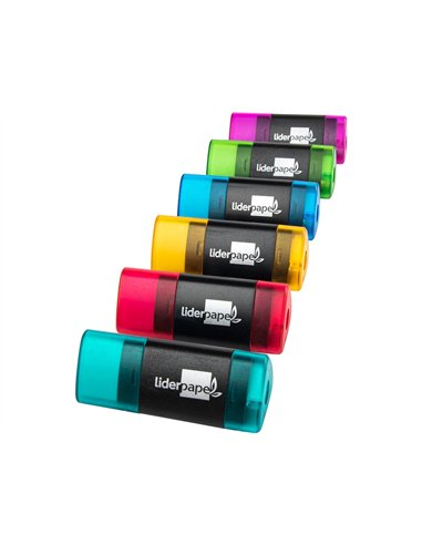 Taille-crayon liderpapel plastique forme triangulaire réservoir à copeaux gomme écologique sans pvc coloris assortis.