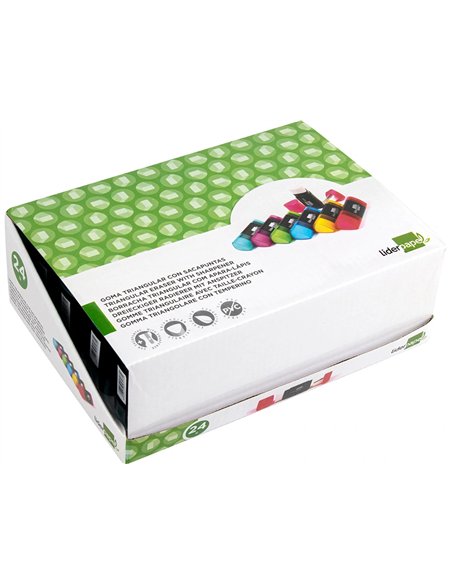 Taille-crayon liderpapel plastique forme triangulaire réservoir à copeaux gomme écologique sans pvc coloris assortis.