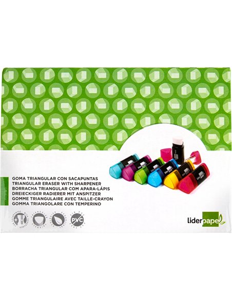 Taille-crayon liderpapel plastique forme triangulaire réservoir à copeaux gomme écologique sans pvc coloris assortis.