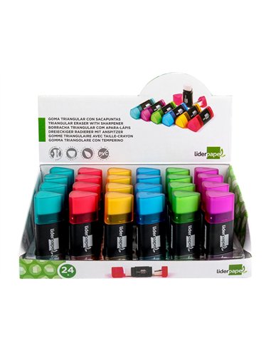 Taille-crayon liderpapel plastique forme triangulaire réservoir à copeaux gomme écologique sans pvc coloris assortis.