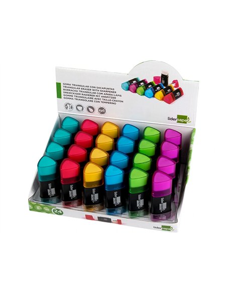 Taille-crayon liderpapel plastique forme triangulaire réservoir à copeaux gomme écologique sans pvc coloris assortis.