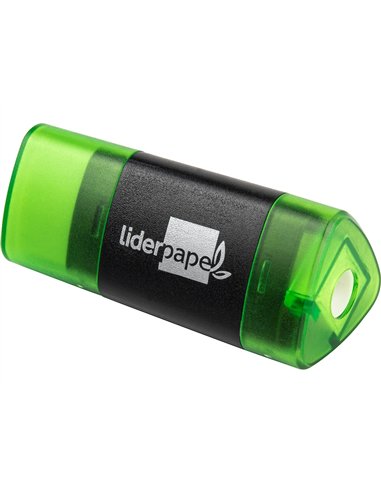 Taille-crayon liderpapel plastique forme triangulaire réservoir à copeaux gomme écologique sans pvc coloris assortis.
