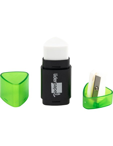 Taille-crayon liderpapel plastique forme triangulaire réservoir à copeaux gomme écologique sans pvc coloris assortis.