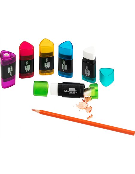 Taille-crayon liderpapel plastique forme triangulaire réservoir à copeaux gomme écologique sans pvc coloris assortis.