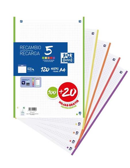 Recharge Oxford 5 de 120 feuilles format A4 quadrillées 5 x 5 mm 4 trous - Bande de 5 couleurs vives