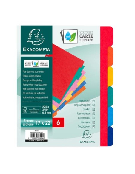 Intercalaire exacompta carte lustrée 225g 6 touches format écolier 17x22cm coloris assortis