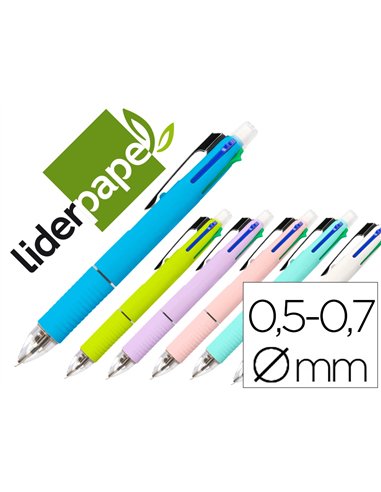 Stylo-bille liderpapel 5 en 1 pointe 0.5mm trait 0.7mm rétractable 4 couleurs d'encre porte-mine 0.5mm gomme.