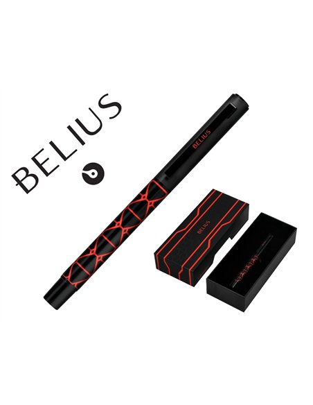 Stylo-bille belius legacy aluminium encre bleue design triangle rouge corps noir boite design.
