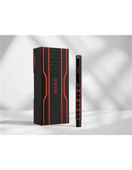 Stylo-bille belius legacy aluminium encre bleue design triangle rouge corps noir boite design.