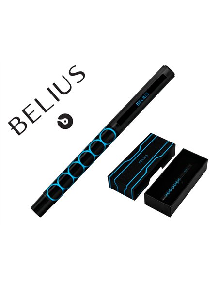 Stylo-bille belius legacy aluminium encre bleue design cercles bleux corps noir boite design.