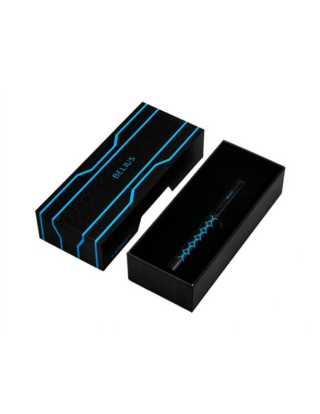 Stylo-bille belius legacy aluminium encre bleue design cercles bleux corps noir boite design.