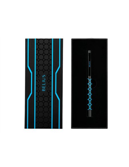 Stylo-bille belius legacy aluminium encre bleue design cercles bleux corps noir boite design.