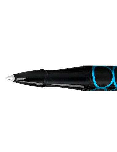 Stylo-bille belius legacy aluminium encre bleue design cercles bleux corps noir boite design.