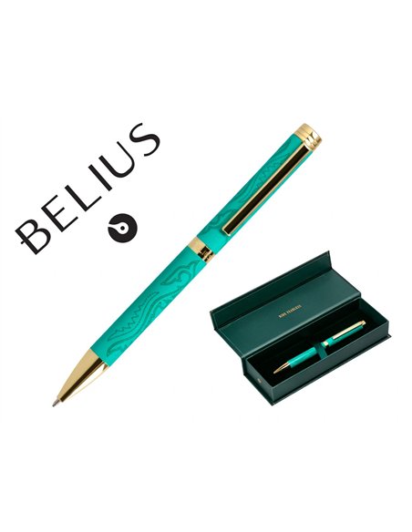 Stylo-bille belius wild west aluminium encre bleue coloris vert dore boite design.