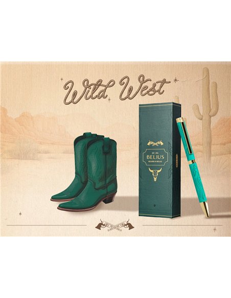 Stylo-bille belius wild west aluminium encre bleue coloris vert dore boite design.