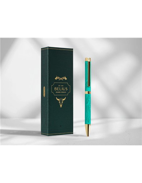Stylo-bille belius wild west aluminium encre bleue coloris vert dore boite design.