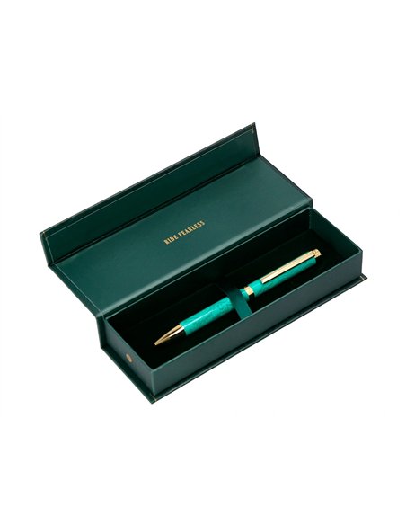Stylo-bille belius wild west aluminium encre bleue coloris vert dore boite design.