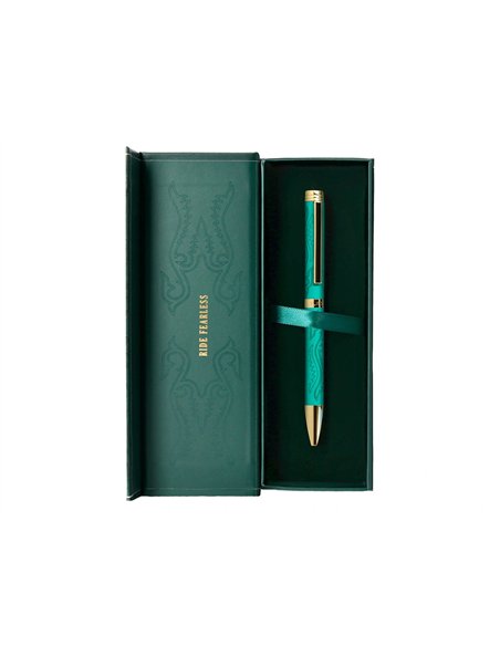 Stylo-bille belius wild west aluminium encre bleue coloris vert dore boite design.