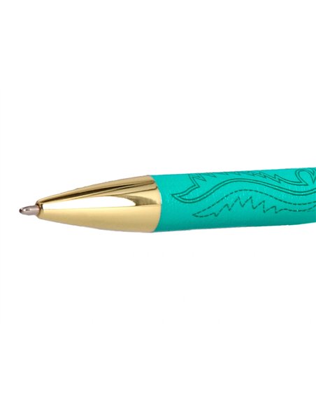Stylo-bille belius wild west aluminium encre bleue coloris vert dore boite design.