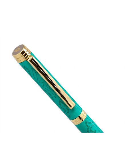 Stylo-bille belius wild west aluminium encre bleue coloris vert dore boite design.