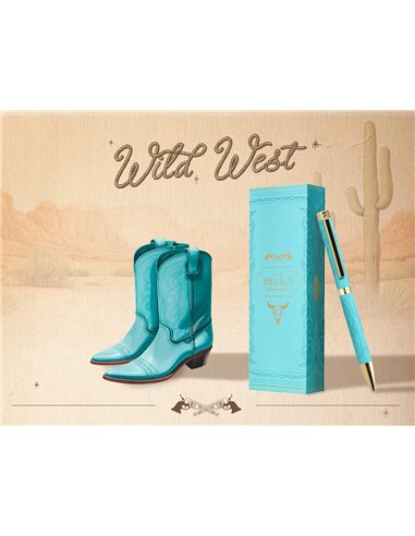 Stylo-bille belius wild west aluminium encre bleue coloris bleu turquoise boite design.