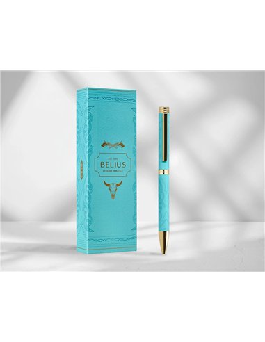 Stylo-bille belius wild west aluminium encre bleue coloris bleu turquoise boite design.