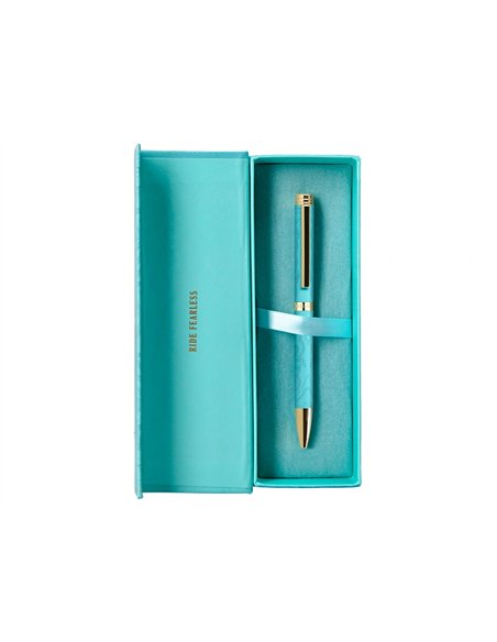 Stylo-bille belius wild west aluminium encre bleue coloris bleu turquoise boite design.