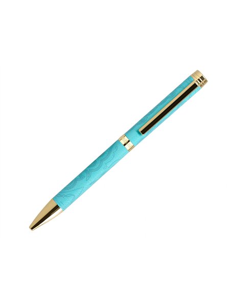 Stylo-bille belius wild west aluminium encre bleue coloris bleu turquoise boite design.