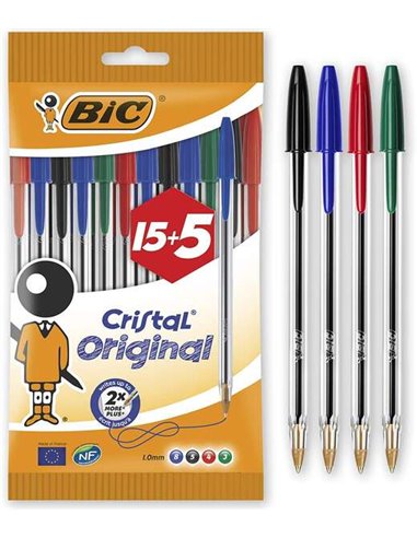 Bic Cristal Original 15+5 Pack de 20 stylos à bille - Pointe ronde 1,0 mm - Trait 0,4 mm - Encre à l'huile - Couleurs assorties