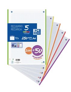 Pack de 5 recharges A4 Oxford School - Promotion 5x5 - 200+50 feuilles - Couleurs assorties