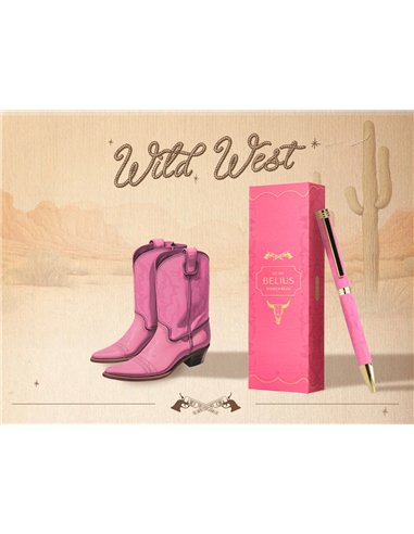 Stylo-bille belius wild west aluminium encre bleue coloris rose dore boite design.